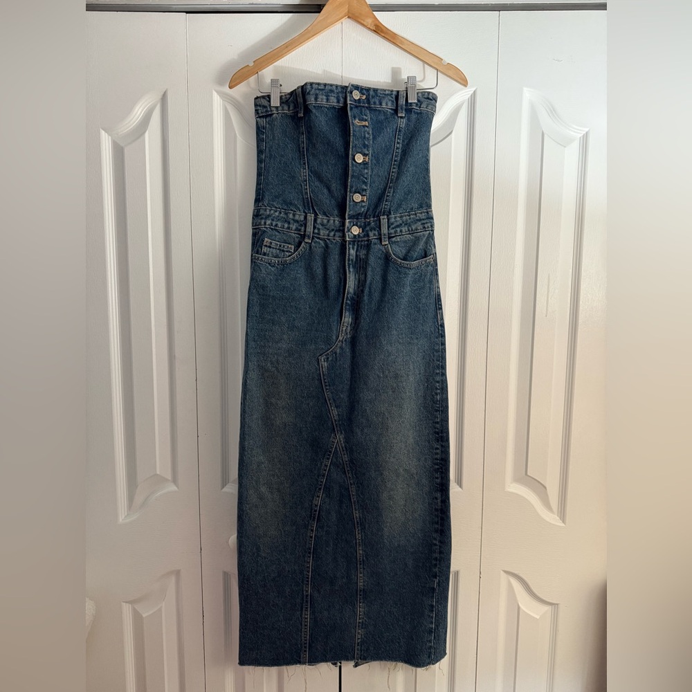 ZARA Denim Maxi Dress – High Waist Corset Detail